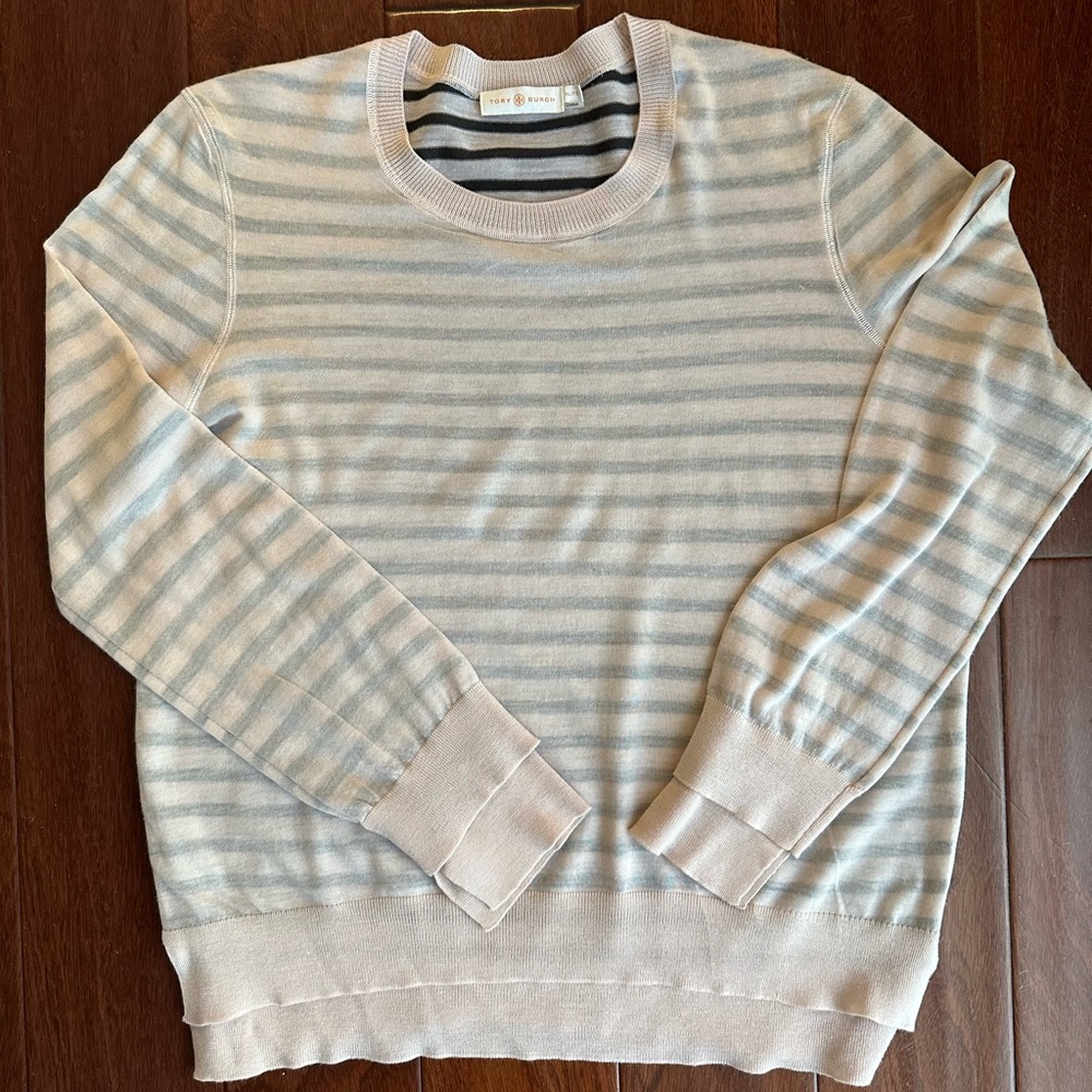 Tory Burch Pink/Navy stripe pullover sweater.